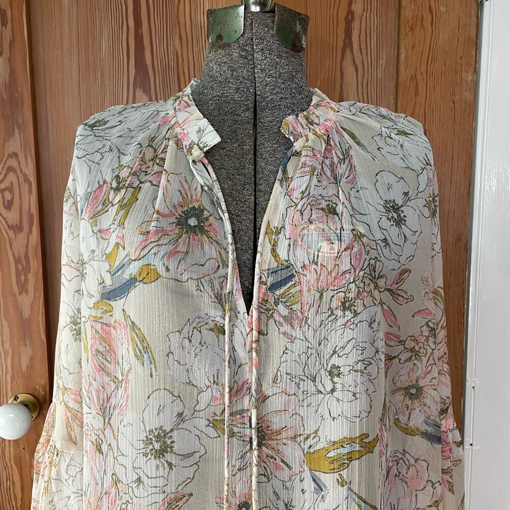Lucky Brand Sheer Floral Cover Up Tunic Dress XL Ruffle Sleeve Boho Beach 💚🎀 - Picture 3 of 9